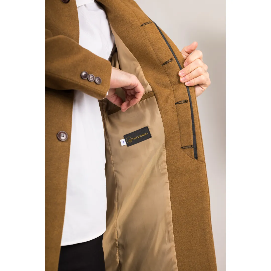 Men’s Stand Collar Wool Blend Tan Overcoat - Image 6