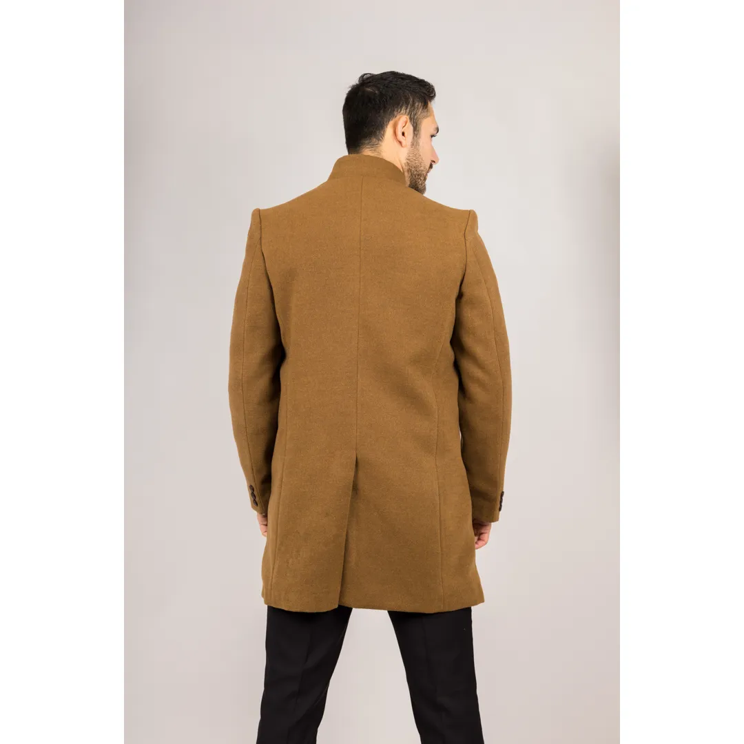 Men’s Stand Collar Wool Blend Tan Overcoat - Image 7