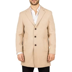 Men’s Notched Lapel Collar Wool Blend Beige Overcoat