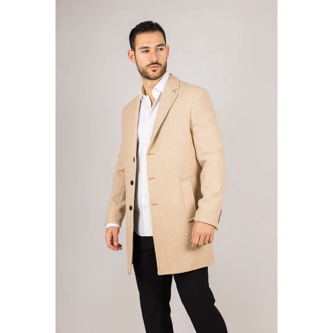 Men’s Notched Lapel Collar Wool Blend Beige Overcoat - Image 3