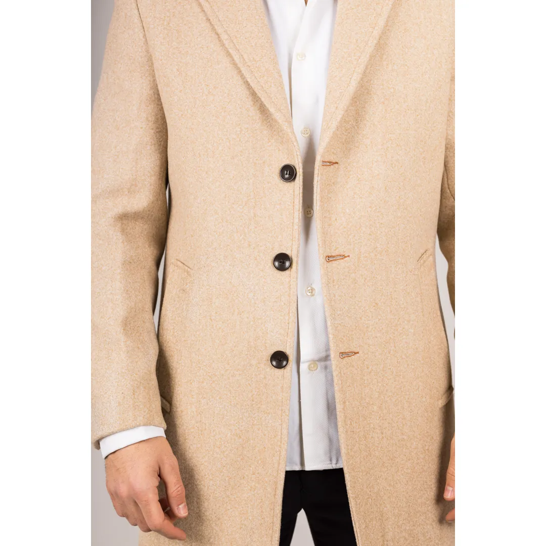 Men’s Notched Lapel Collar Wool Blend Beige Overcoat - Image 4