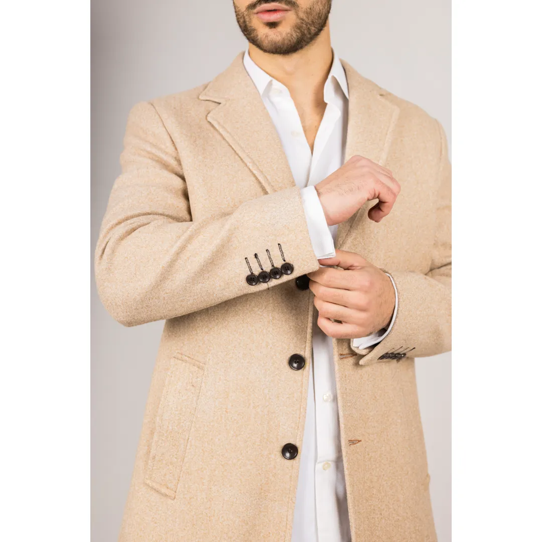 Men’s Notched Lapel Collar Wool Blend Beige Overcoat - Image 5