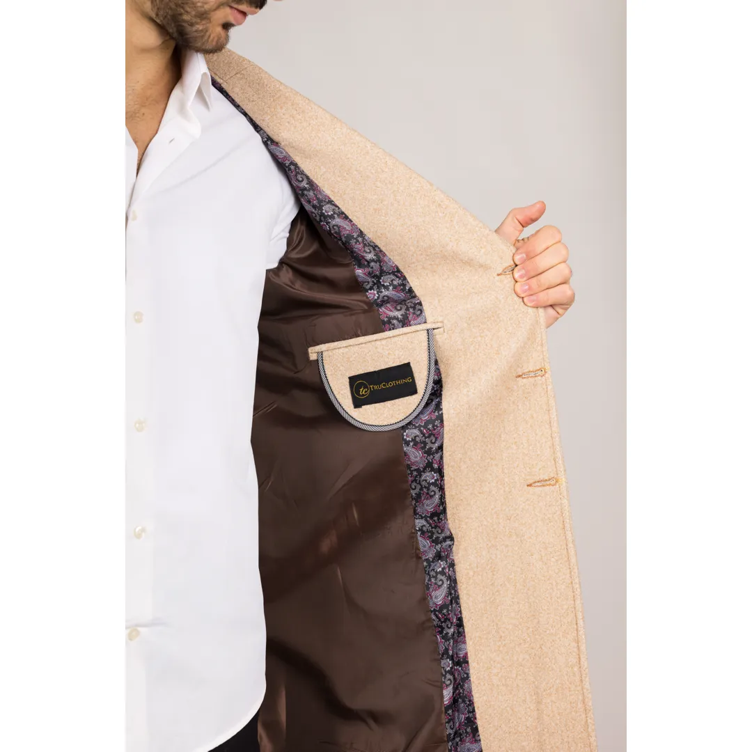 Men’s Notched Lapel Collar Wool Blend Beige Overcoat - Image 6