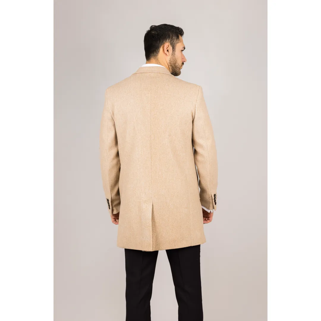 Men’s Notched Lapel Collar Wool Blend Beige Overcoat - Image 7
