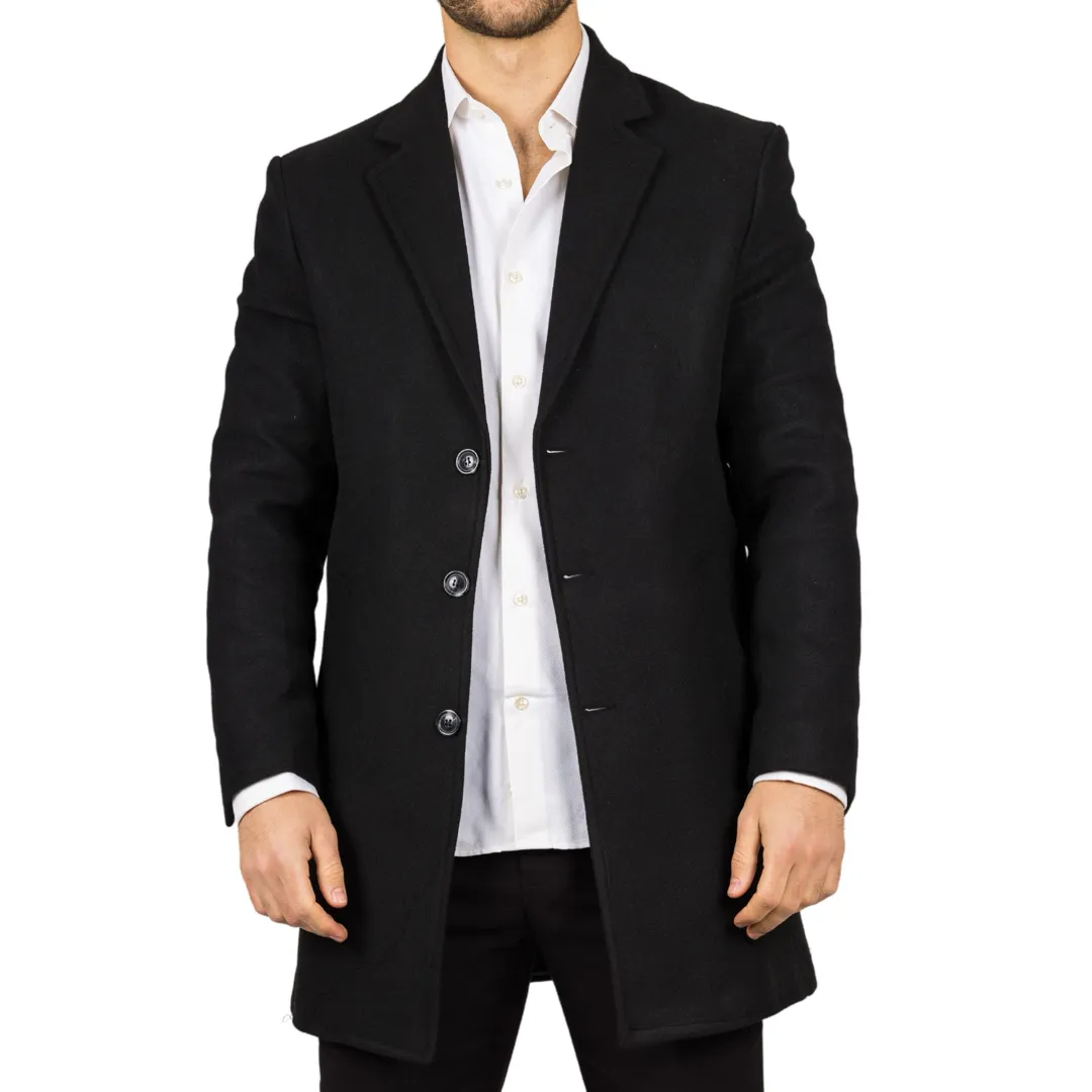 Men’s Notched Lapel Collar Wool Blend Black Overcoat - Image 6