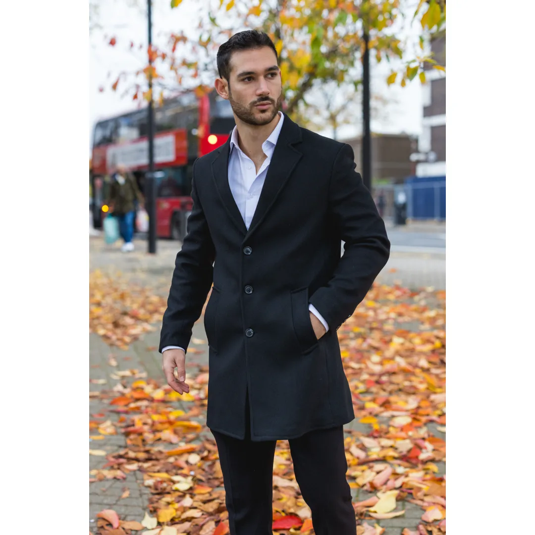Men’s Notched Lapel Collar Wool Blend Black Overcoat - Image 7