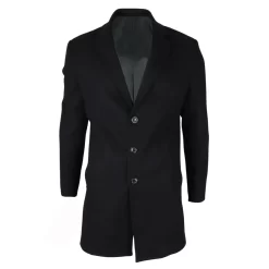 Men’s Notched Lapel Collar Wool Blend Black Overcoat