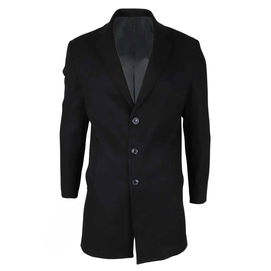 Men’s Notched Lapel Collar Wool Blend Black Overcoat