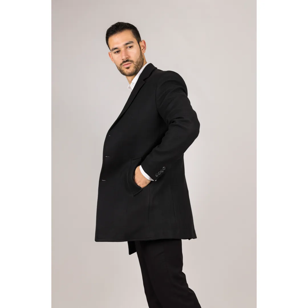 Men’s Notched Lapel Collar Wool Blend Black Overcoat - Image 2