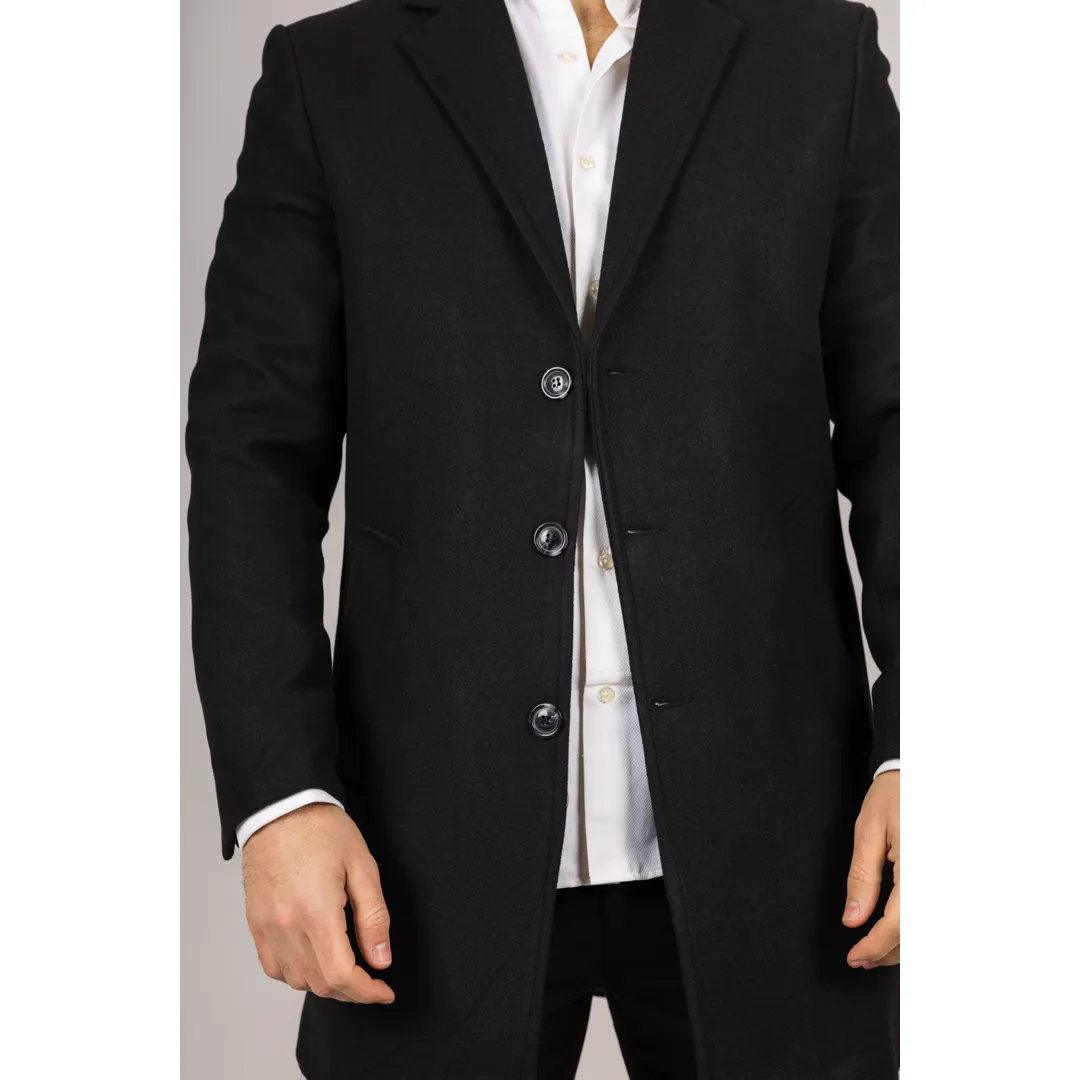 Men’s Notched Lapel Collar Wool Blend Black Overcoat - Image 3