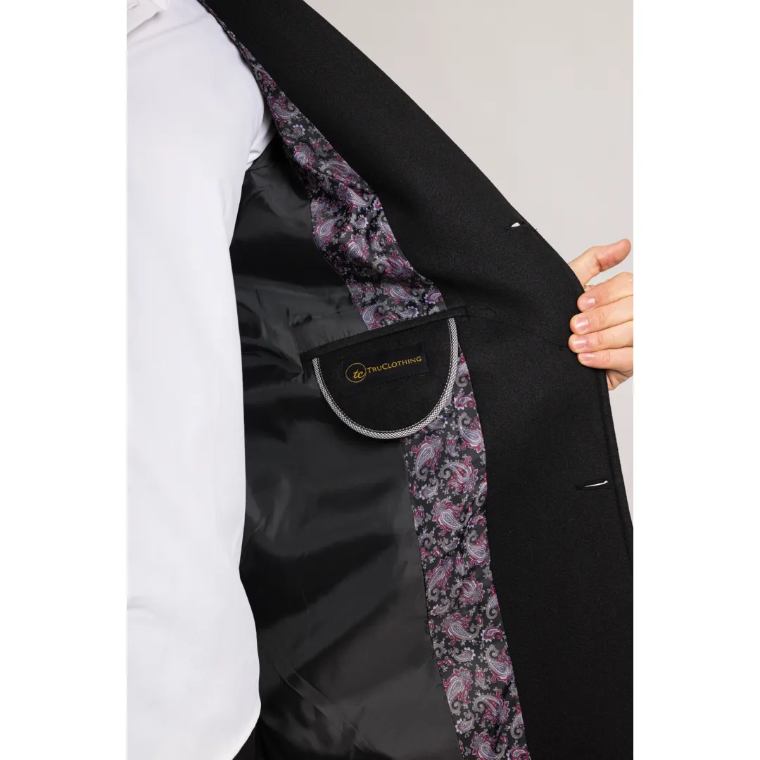 Men’s Notched Lapel Collar Wool Blend Black Overcoat - Image 4