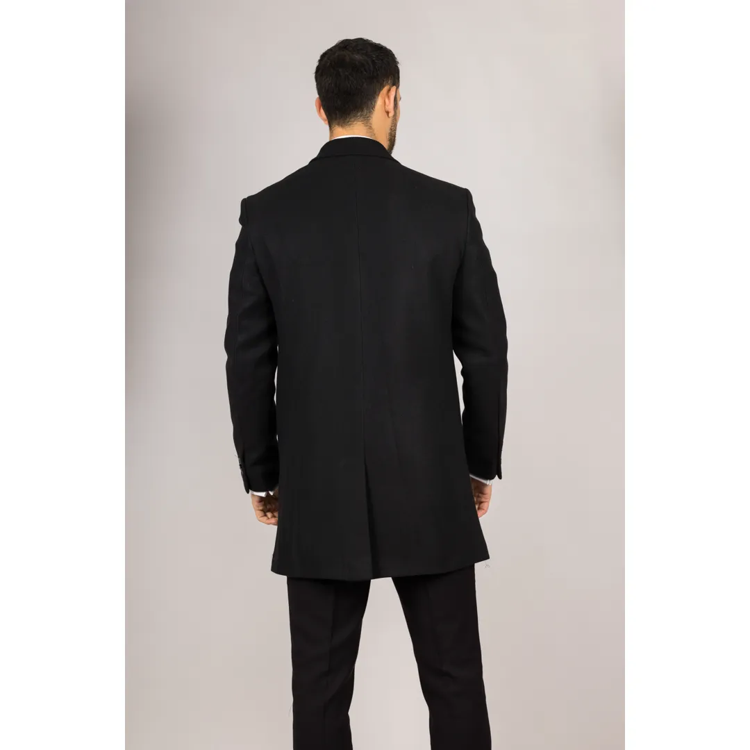 Men’s Notched Lapel Collar Wool Blend Black Overcoat - Image 5