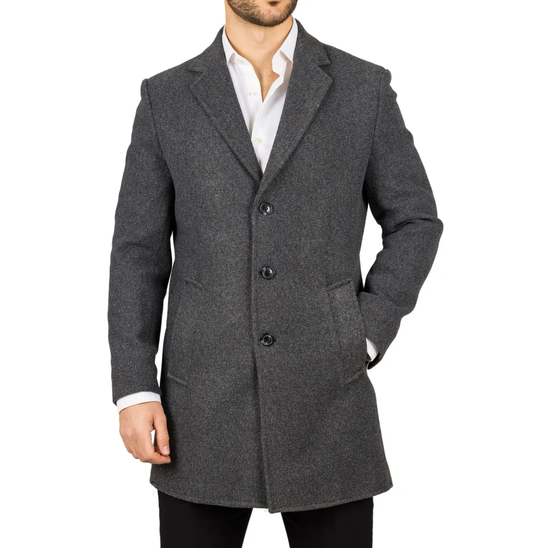 Men’s Notched Lapel Collar Wool Blend Grey Overcoat - Image 6
