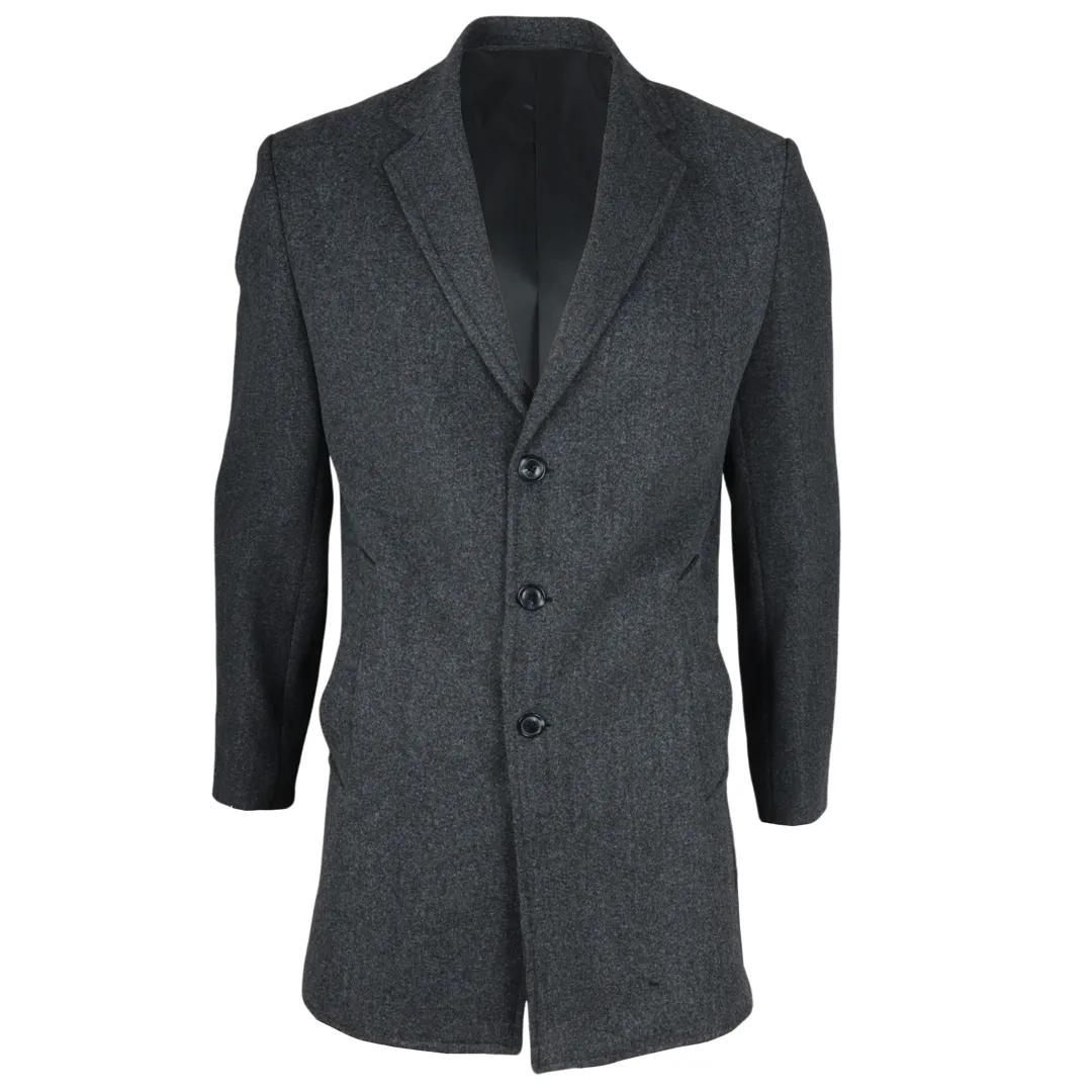 Men’s Notched Lapel Collar Wool Blend Grey Overcoat