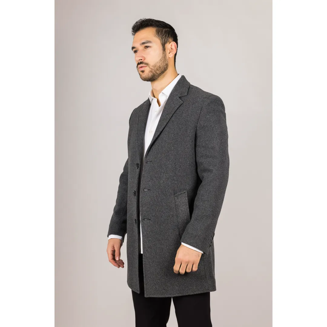 Men’s Notched Lapel Collar Wool Blend Grey Overcoat - Image 2
