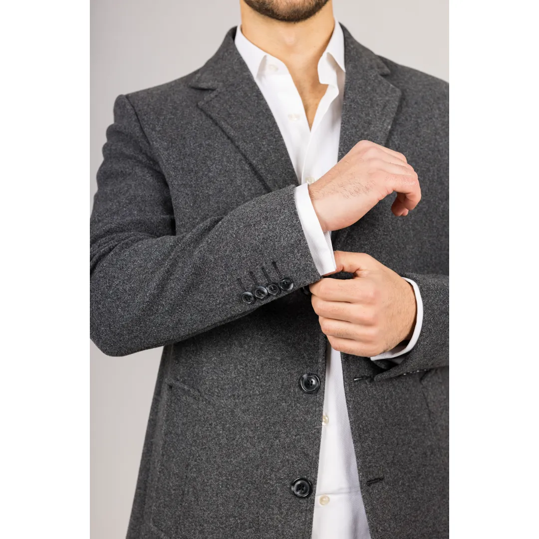 Men’s Notched Lapel Collar Wool Blend Grey Overcoat - Image 3