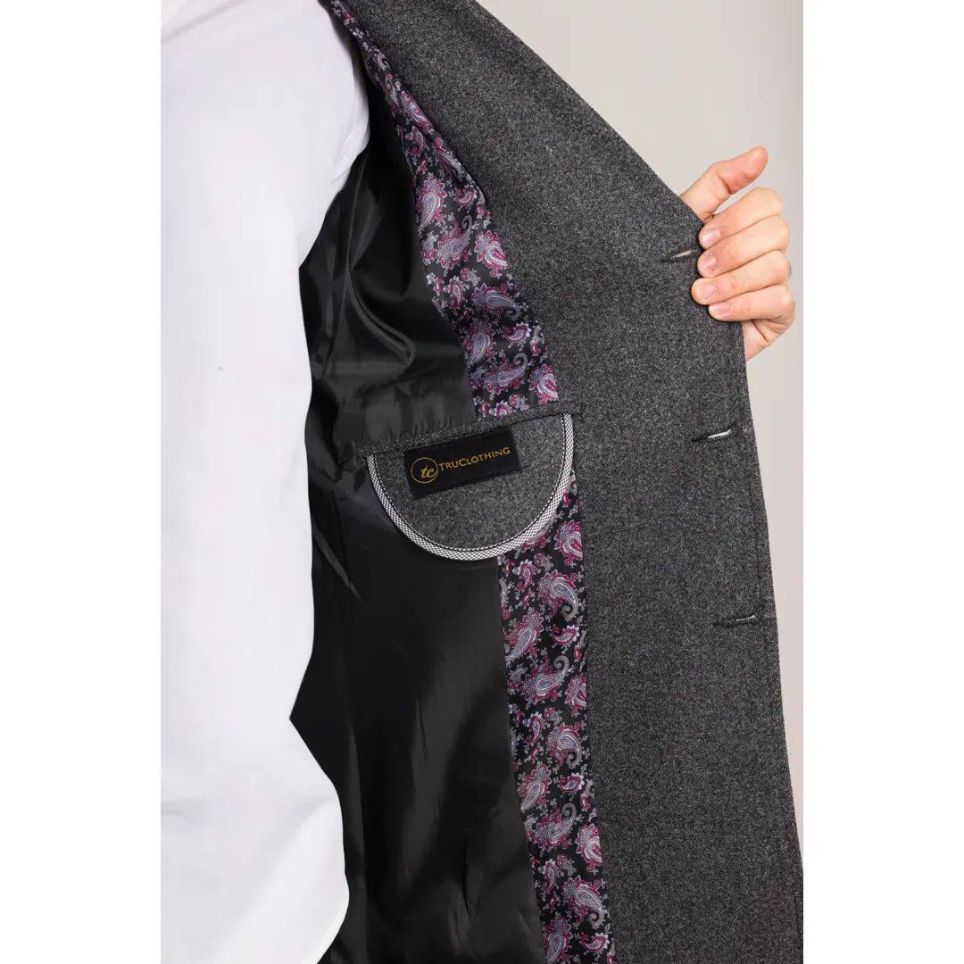 Men’s Notched Lapel Collar Wool Blend Grey Overcoat - Image 4