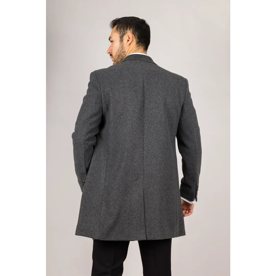 Men’s Notched Lapel Collar Wool Blend Grey Overcoat - Image 5