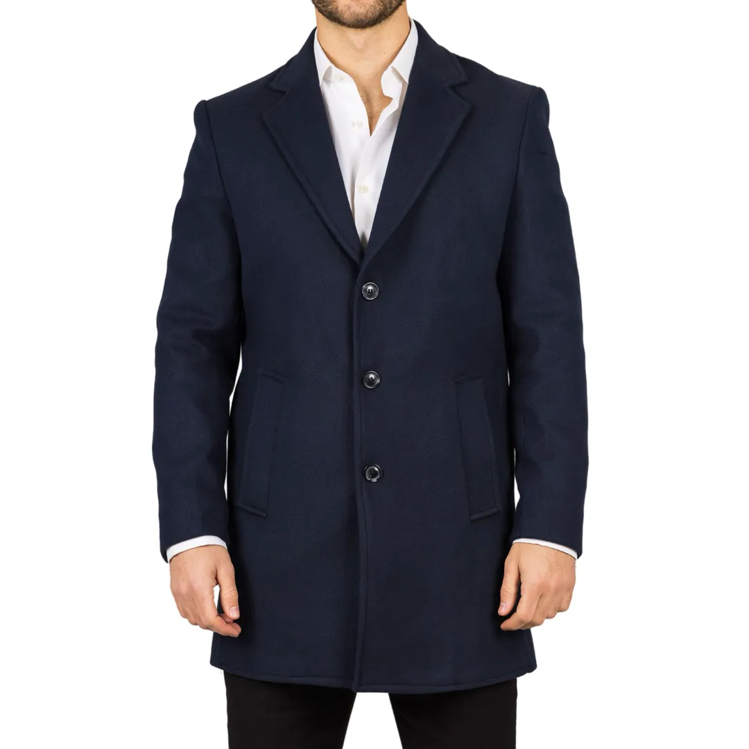 Men’s Notched Lapel Collar Wool Blend Navy Overcoat - Image 5