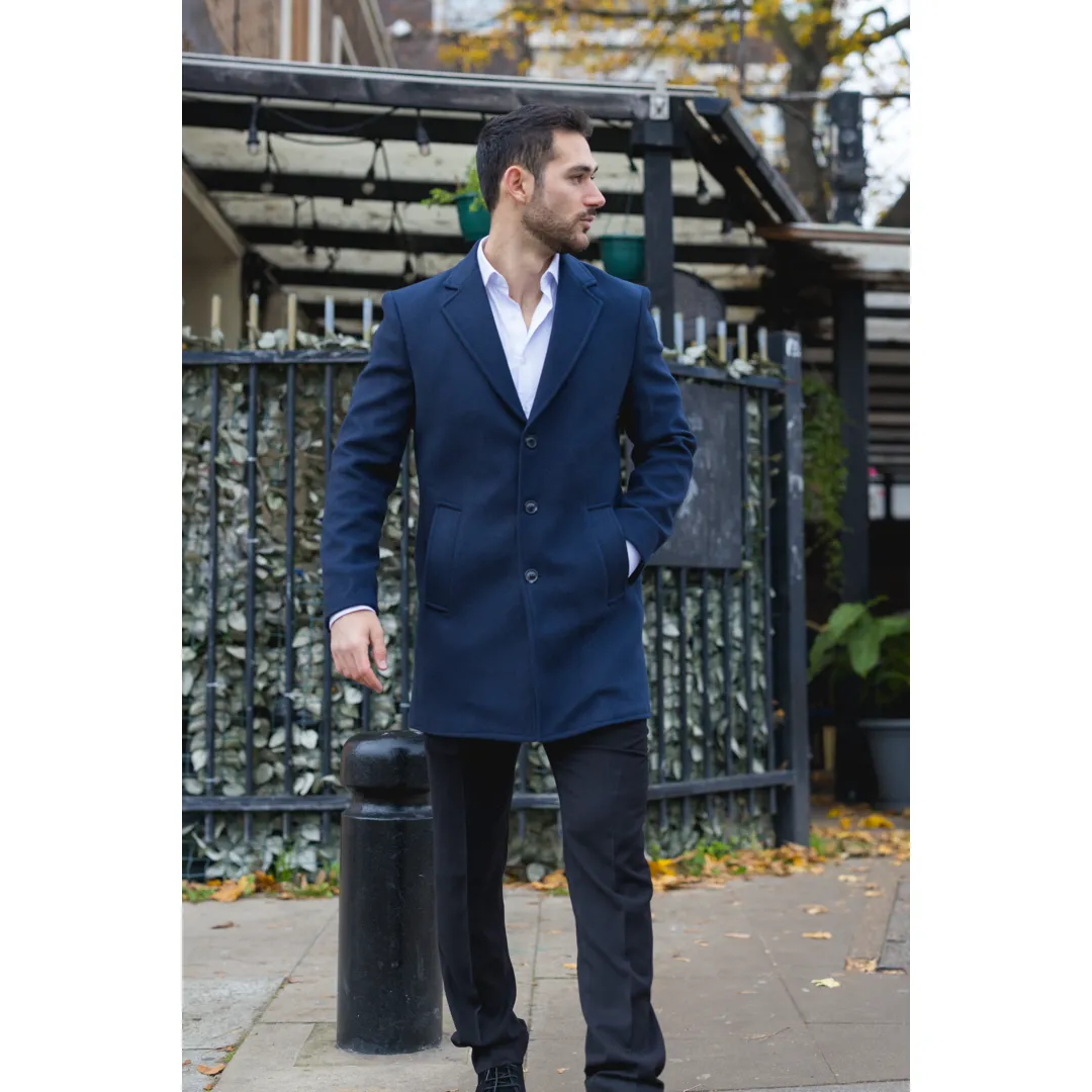 Men’s Notched Lapel Collar Wool Blend Navy Overcoat - Image 6