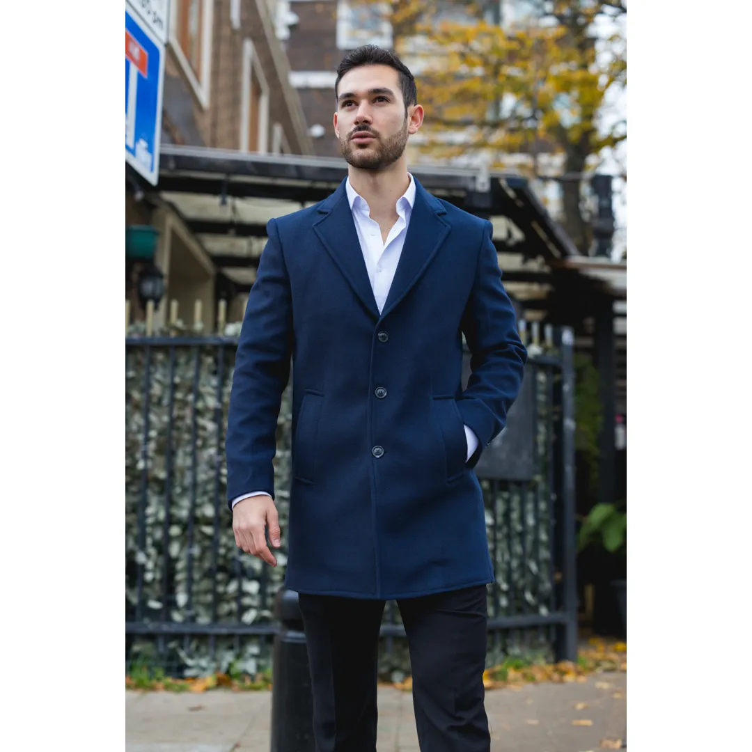 Men’s Notched Lapel Collar Wool Blend Navy Overcoat - Image 7