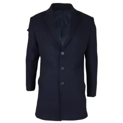 Men’s Notched Lapel Collar Wool Blend Navy Overcoat