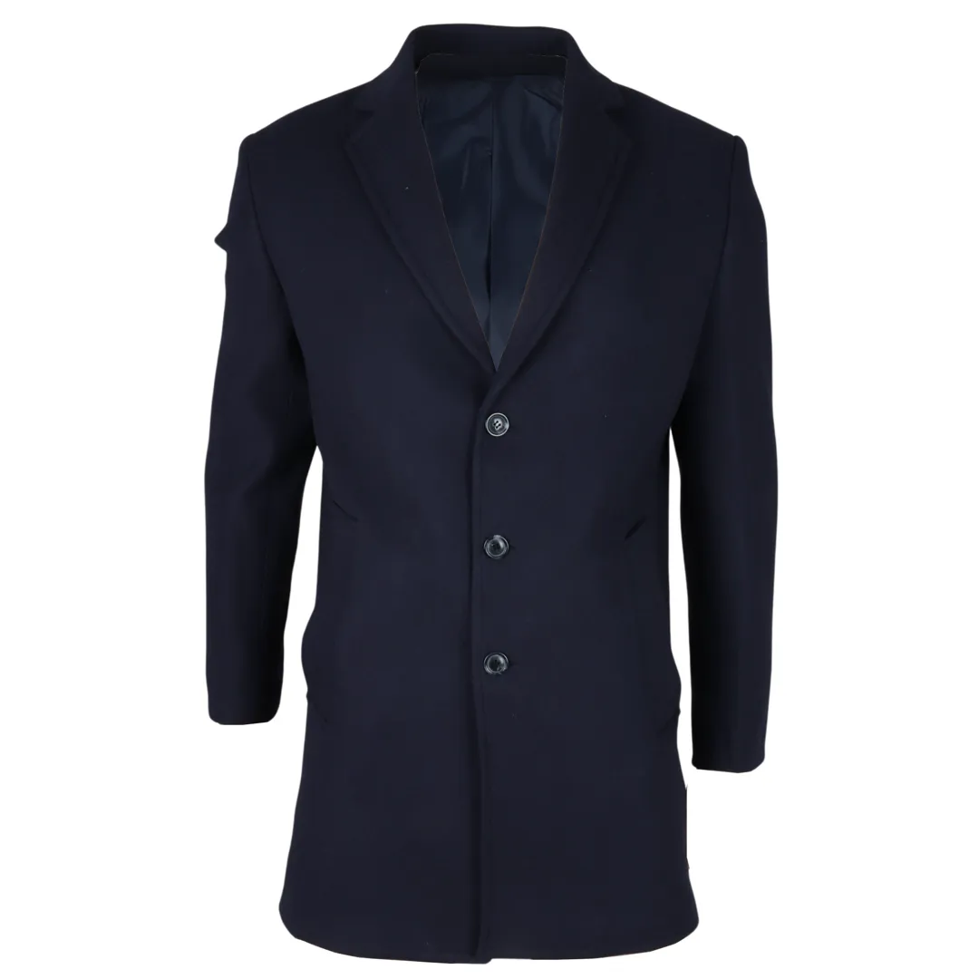Men’s Notched Lapel Collar Wool Blend Navy Overcoat