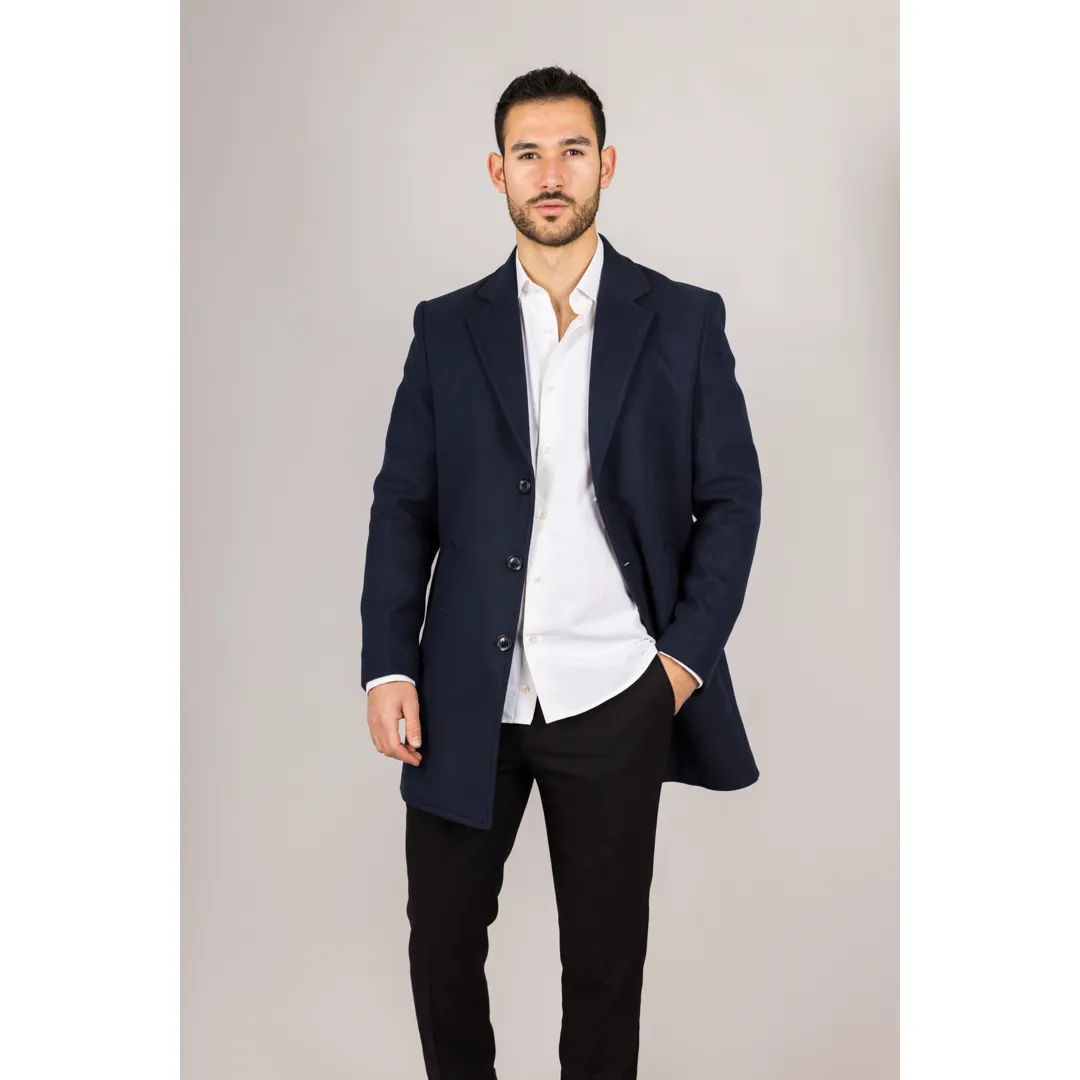 Men’s Notched Lapel Collar Wool Blend Navy Overcoat - Image 2