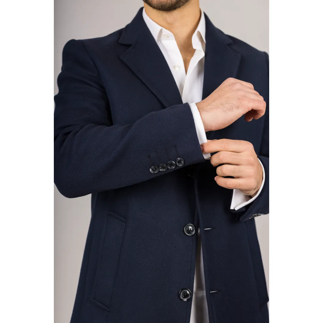 Men’s Notched Lapel Collar Wool Blend Navy Overcoat - Image 3