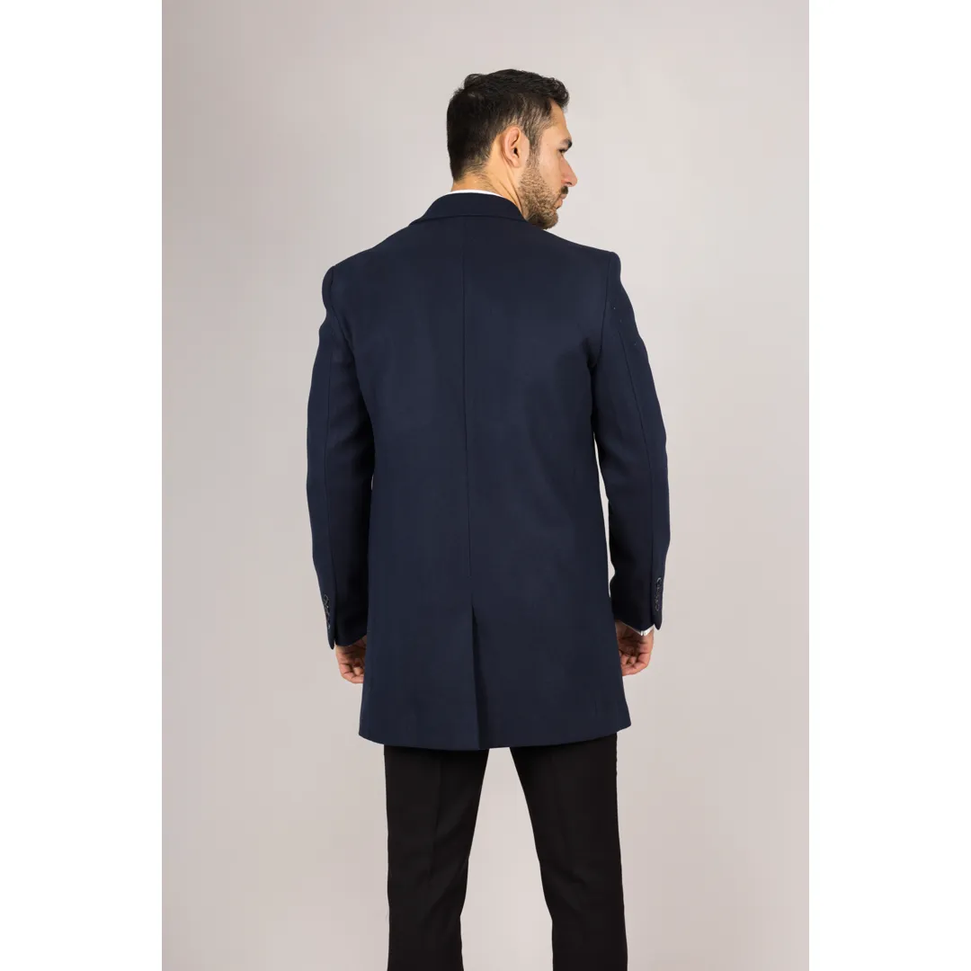 Men’s Notched Lapel Collar Wool Blend Navy Overcoat - Image 4