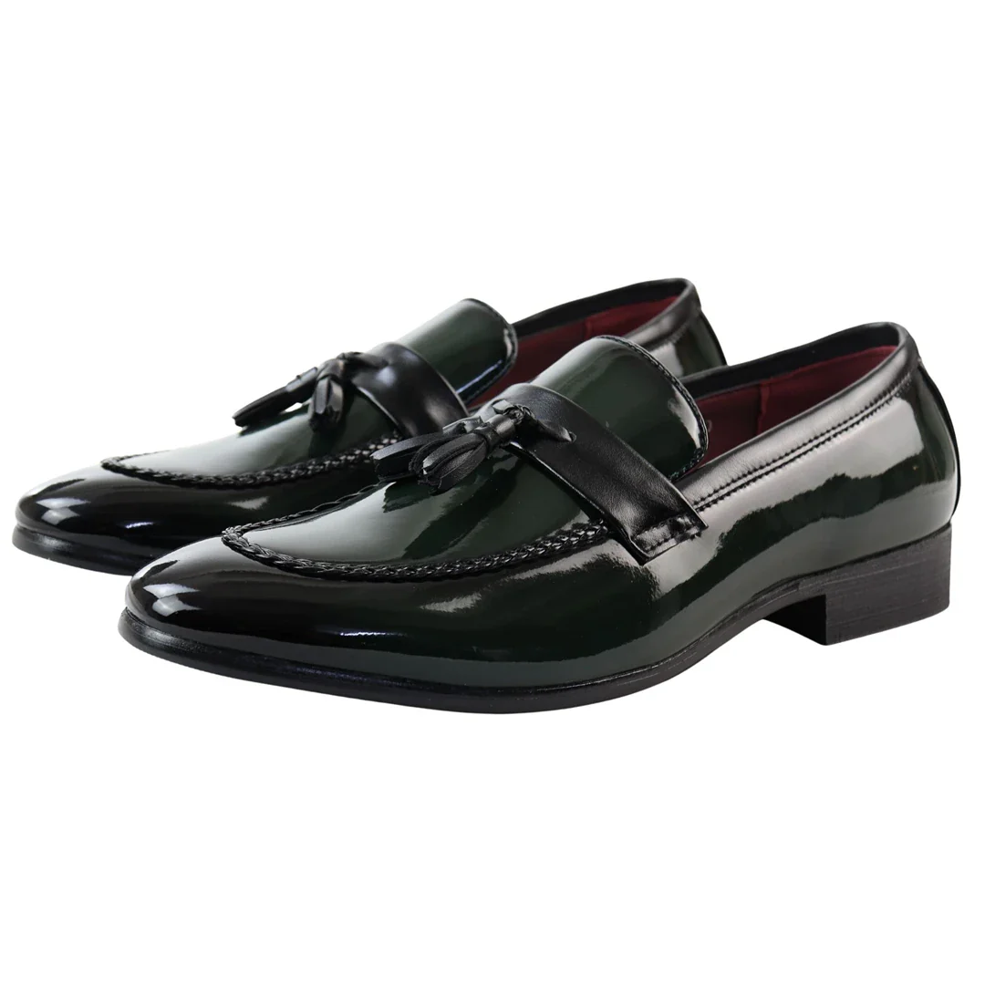 Men’s Patent Tassel Slip On Green Loafers - Image 2