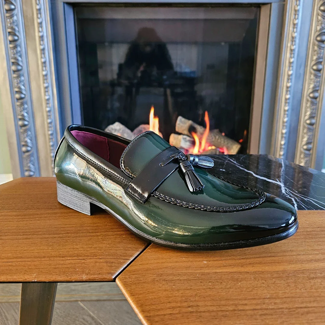 Men’s Patent Tassel Slip On Green Loafers - Image 7