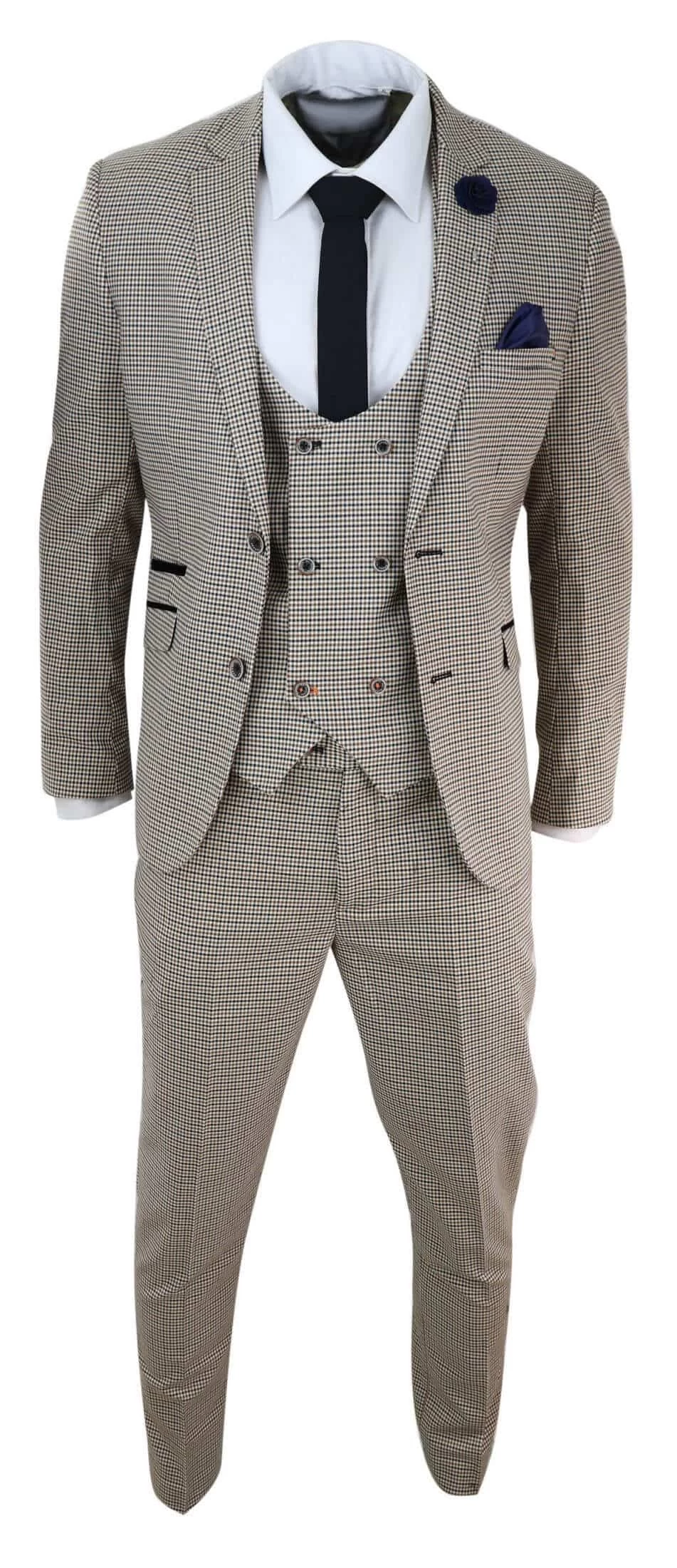 Mens Beige Navy Check Suit - Image 4