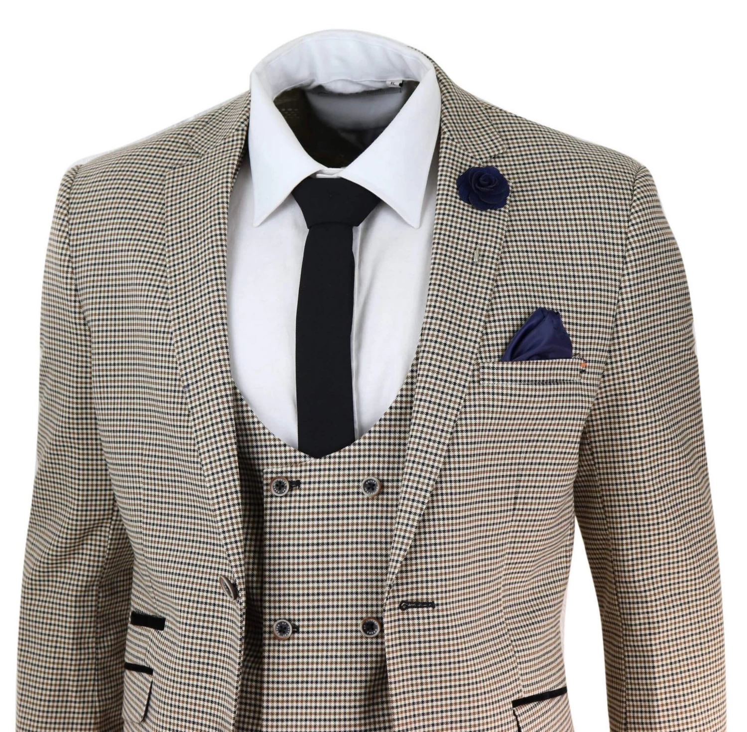 Mens Beige Navy Check Suit - Image 3