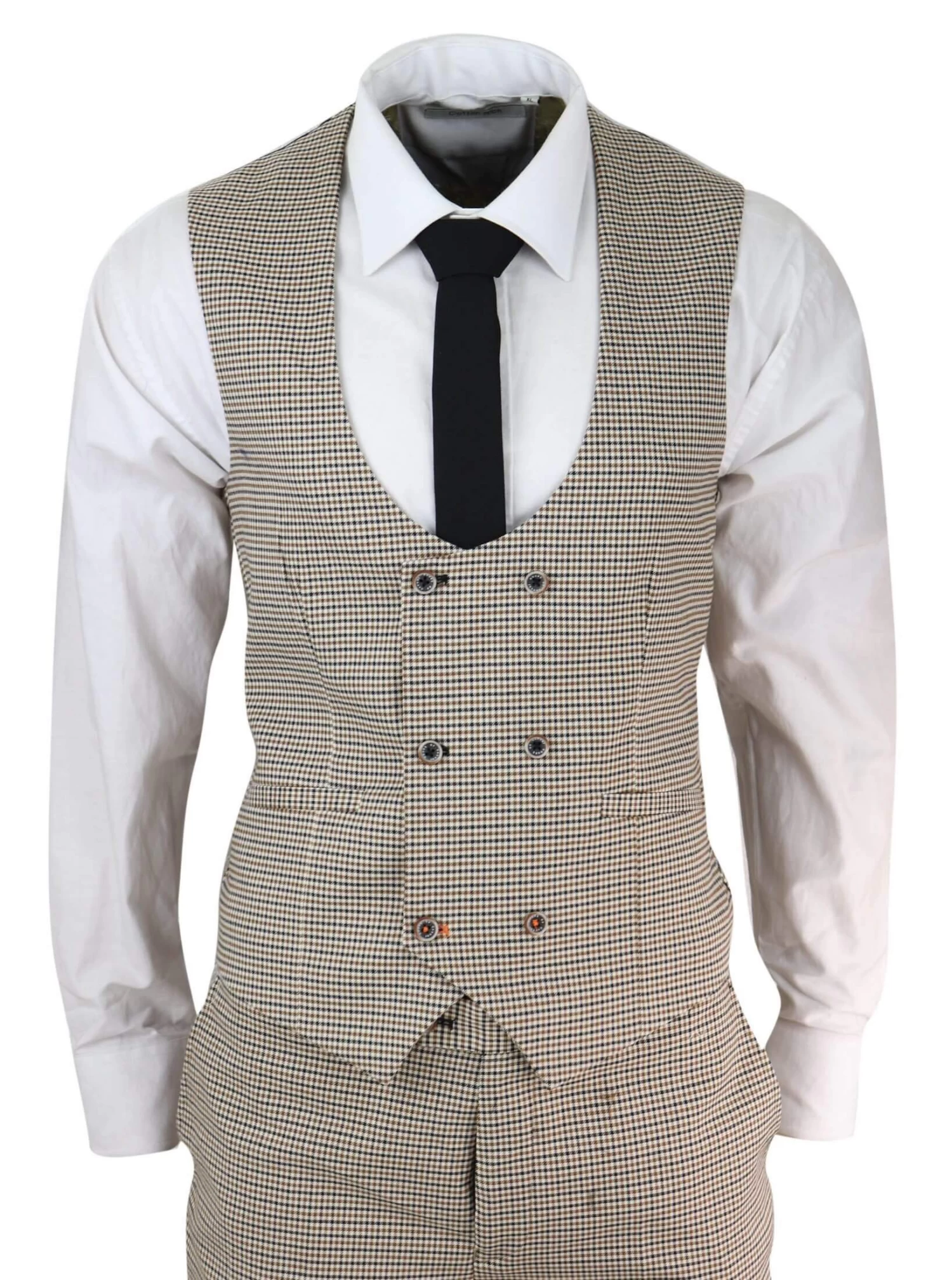 Mens Beige Navy Check Suit - Image 2