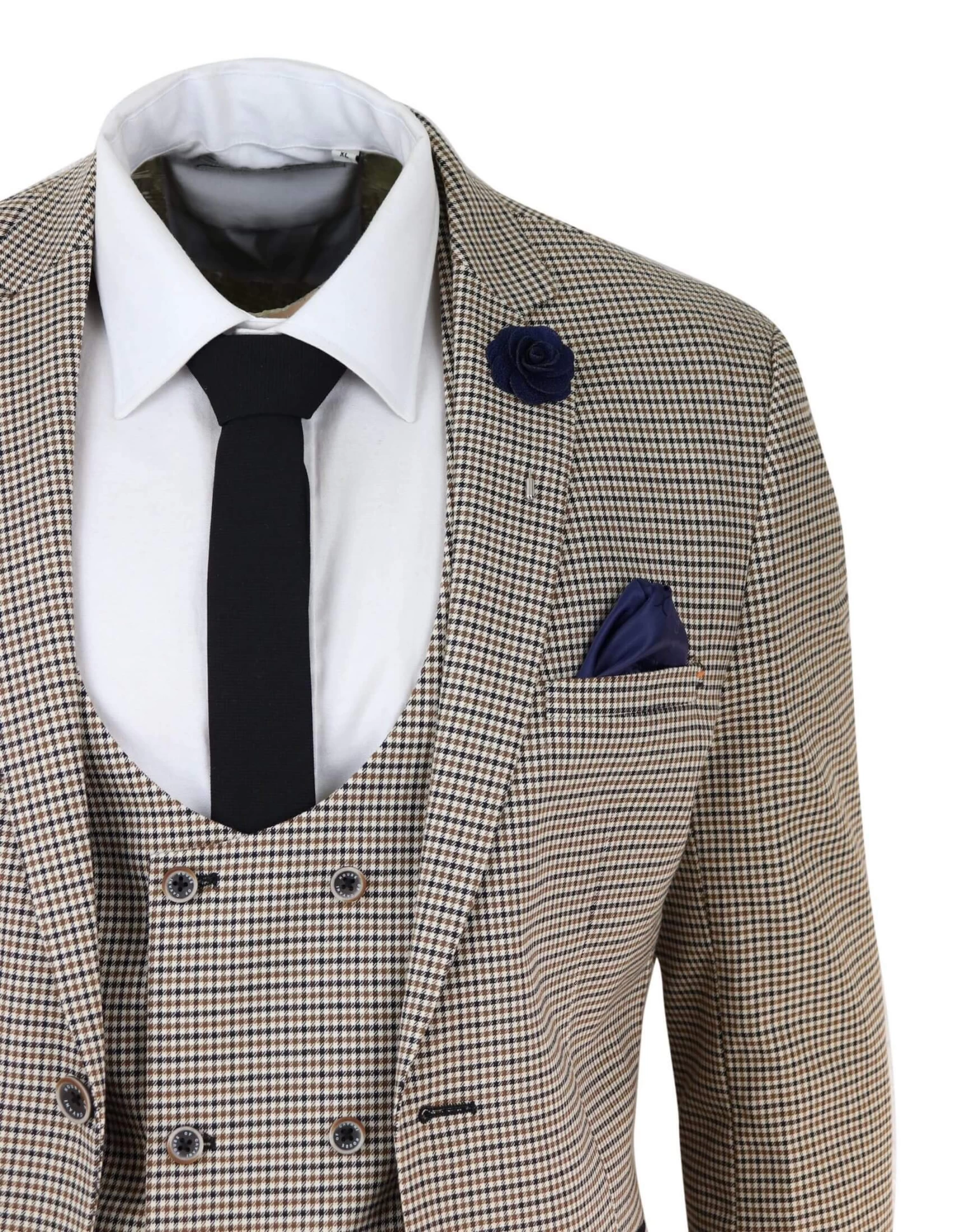 Mens Beige Navy Check Suit - Image 5
