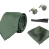 Satin Silk Textured Green Tie Gift Set Pocket Square Cuff Links Tie Matt Satin