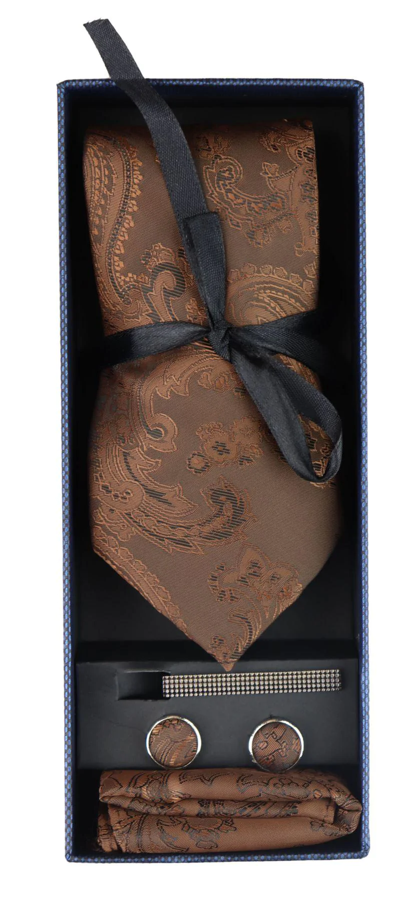 Paisley Neck Brown Tie Gift Set Pocket Square Cuff Links Tie Floral Satin - Image 3