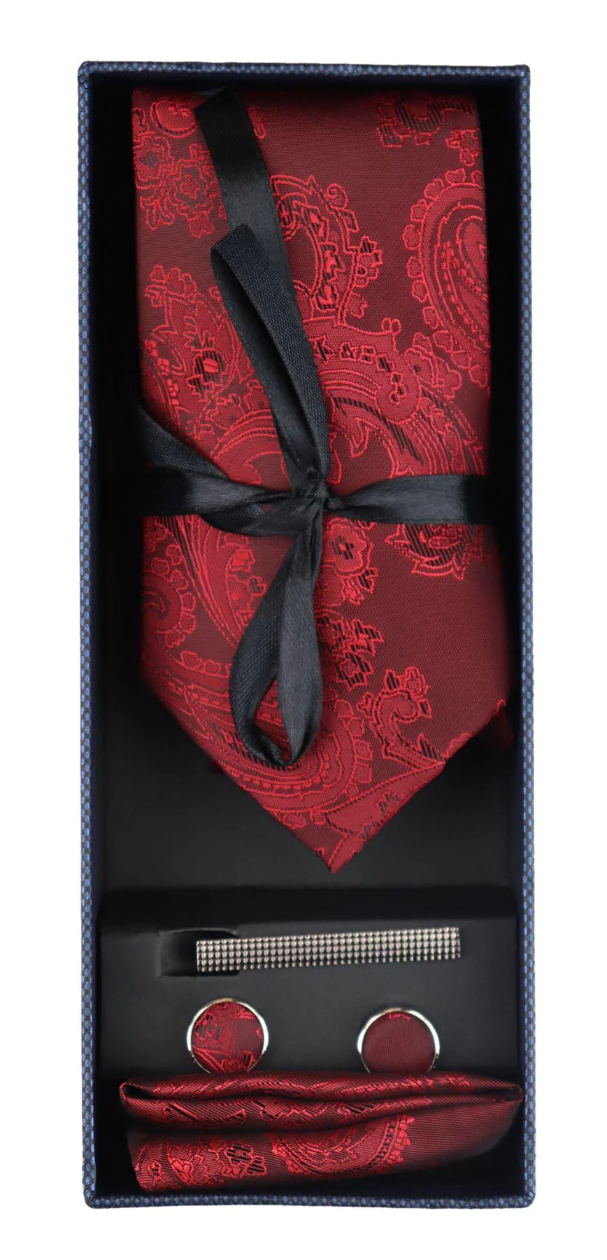 Paisley Neck Red Tie Gift Set Pocket Square Cuff Links Tie Floral Satin - Image 3