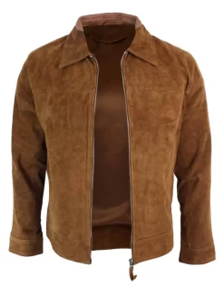 Infinity G500 Suede – Mens Real Leather Classic Zip Jacket Camel Turn Down Collar Vintage Retro