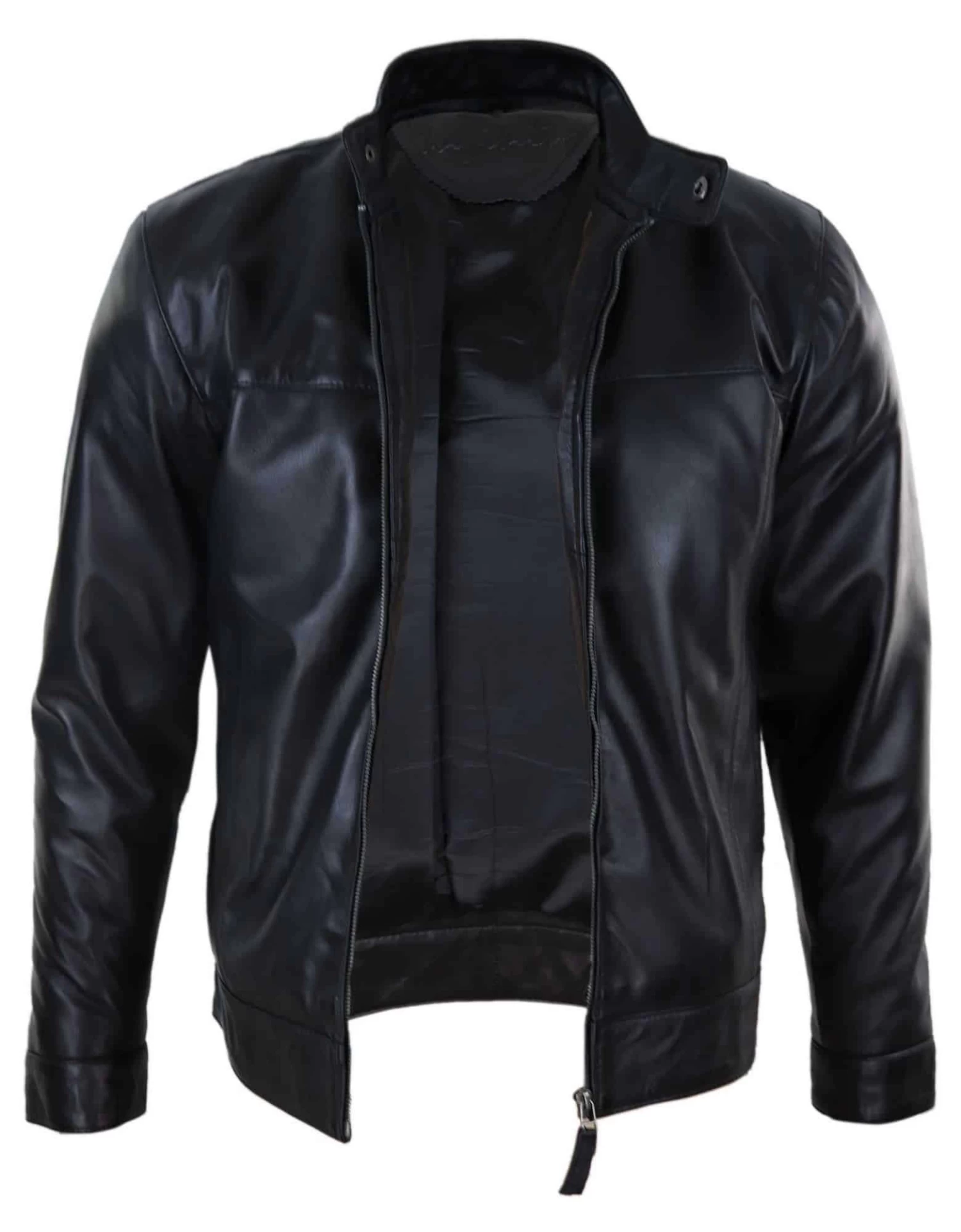 Black Real Leather Mens Biker Jacket - Image 2