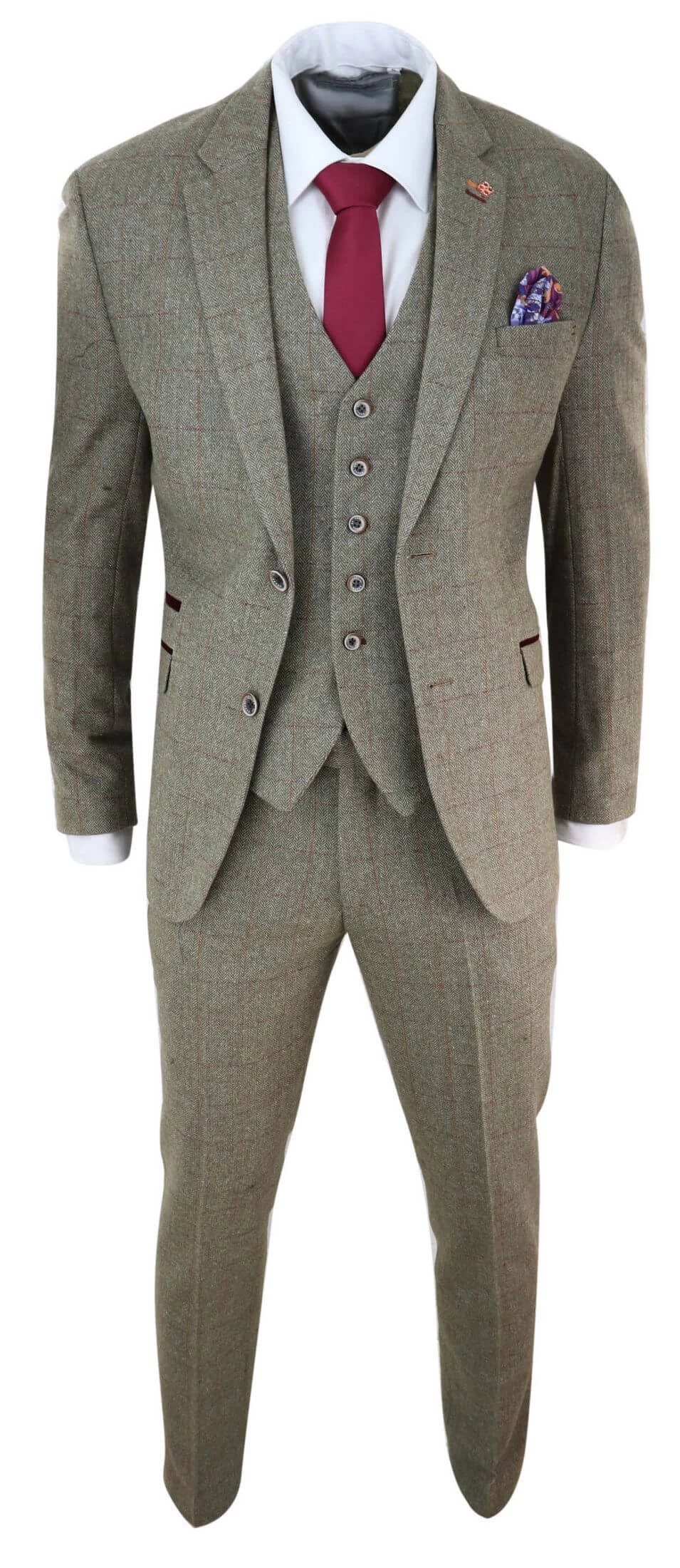 Mens Tweed Olive Green Check Suit - Image 4