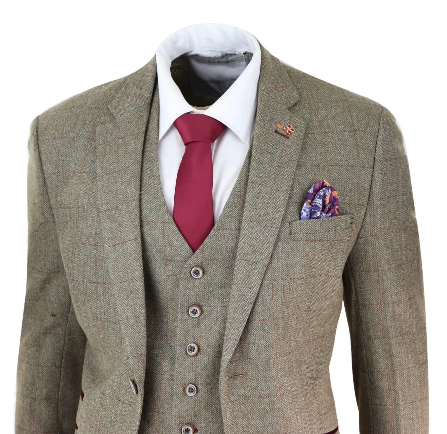 Mens Tweed Olive Green Check Suit - Image 3
