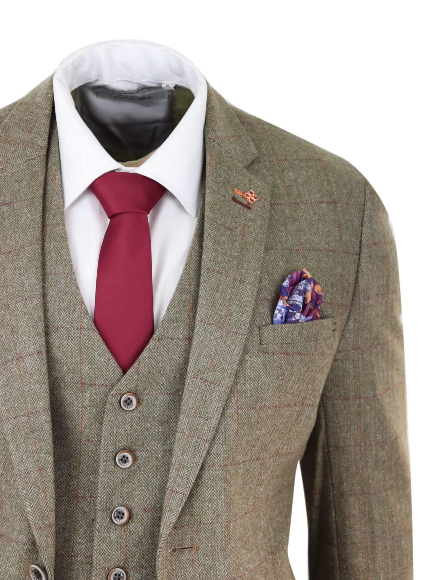 Mens Tweed Olive Green Check Suit - Image 5