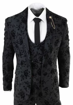 Mens Black 3 Piece Paisley Velvet Suit