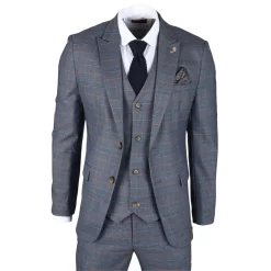 Gisborne Men’s 3-Piece Navy Checked Suit With Mustard Accents