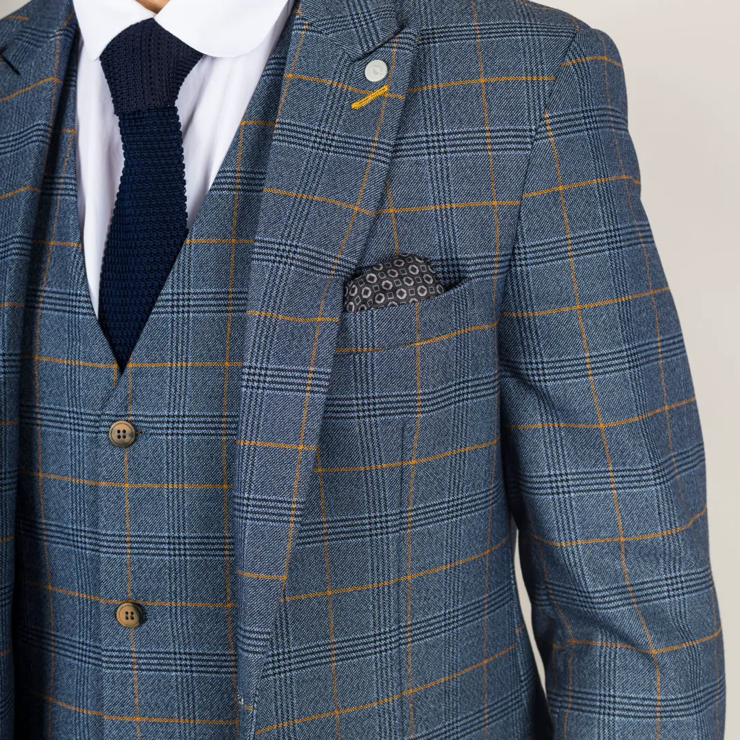Gisborne Men’s 3-Piece Navy Checked Suit With Mustard Accents - Image 3