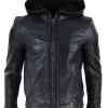 Mens Black Leather Bomber Jacket With Hood