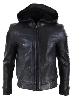 Mens Black Leather Bomber Jacket With Hood