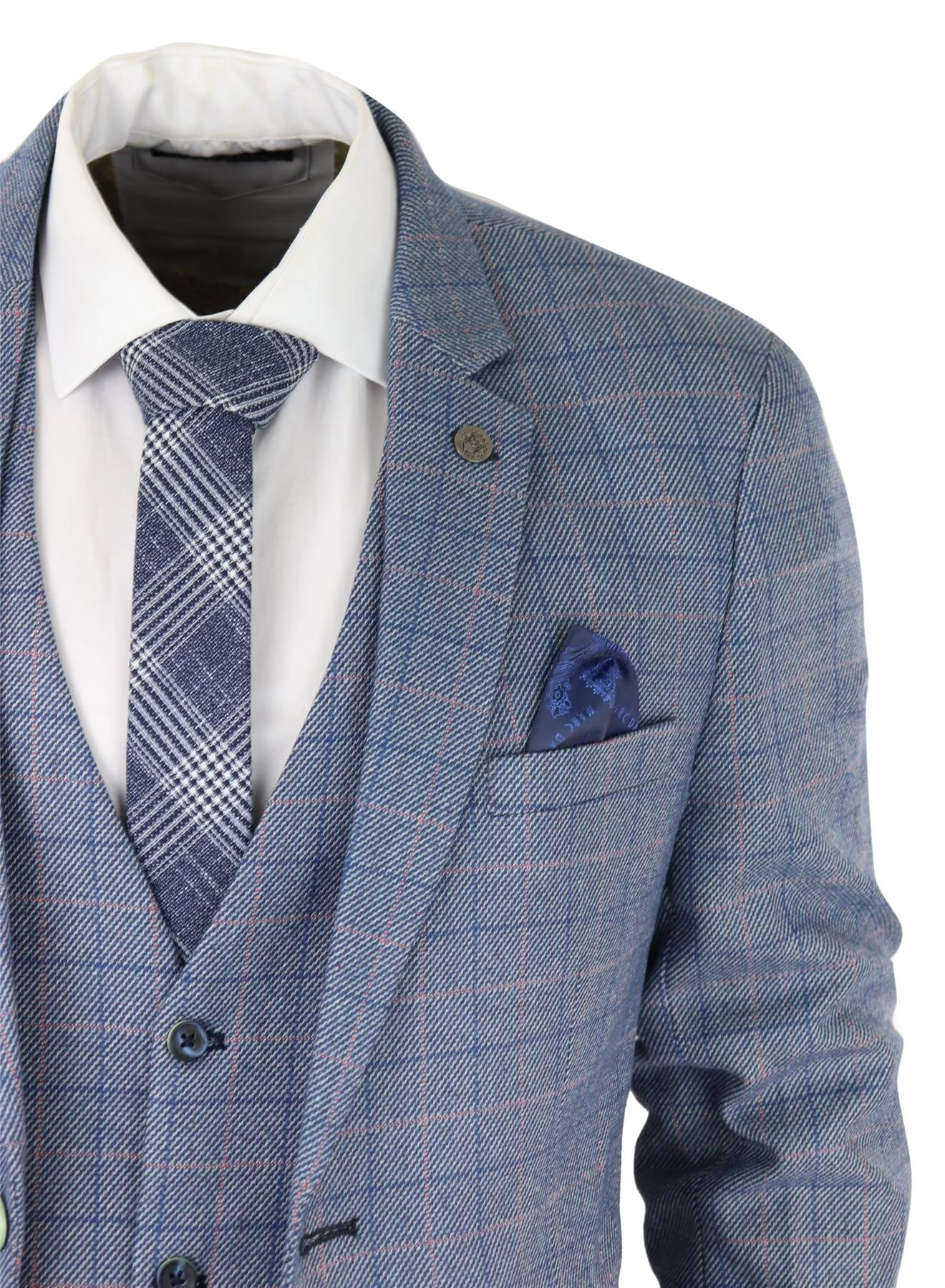Mens 3 Piece Suit Sky Blue Check Wool Feel Marc Darcy Tailored Fit Wedding Prom Harry - Image 4